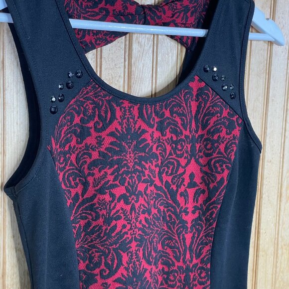 Maurices Black Red Rhinestone Bow Top Sleeveless Blouse Scroll Floral Small 4 6 - Picture 4 of 9